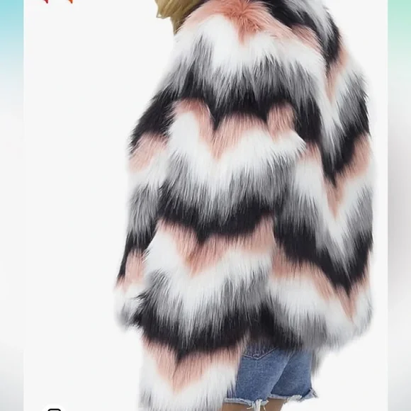 NWOT ~Faux Fur Coat Chevron Pattern Open Front with clip closure - Picture 4 of 5